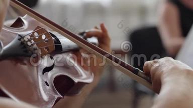 在交响音乐会上演奏木制小提琴弓演奏的人